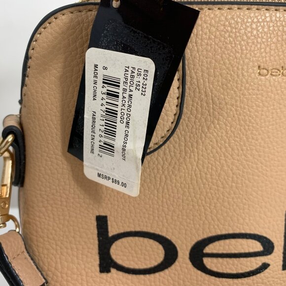 NWT $89 BEBE Fabiolo Micro Dome Vegan Leather Crossbody Handbag Taupe/Black Logo - Picture 2 of 8